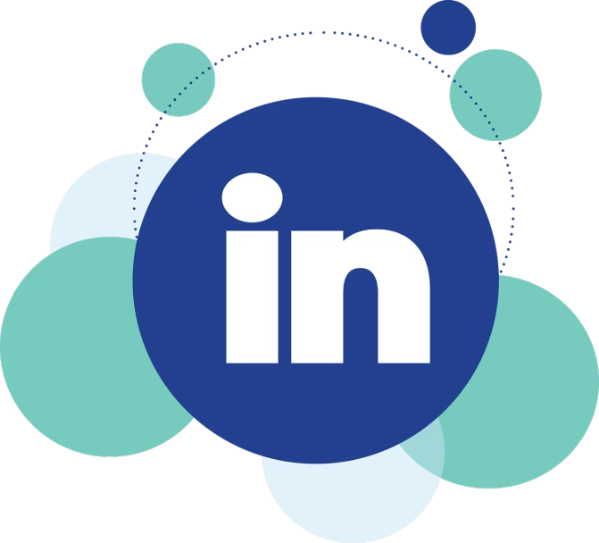 the linked logo with circles surrounding it, linkedin, infographics. logo. blue, black in, in