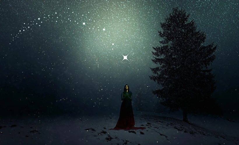 a person standing in the snow next to a tree, digital art, inspired by Jakub Schikaneder, magical realism, giant star, hecate, photo shot, with a green cloak