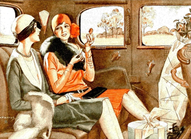 a couple of women sitting next to each other in a car, inspired by Coles Phillips, trending on pixabay, retrofuturism, sat down in train aile, flapper, 2 2 year old mary louise brooks, interior