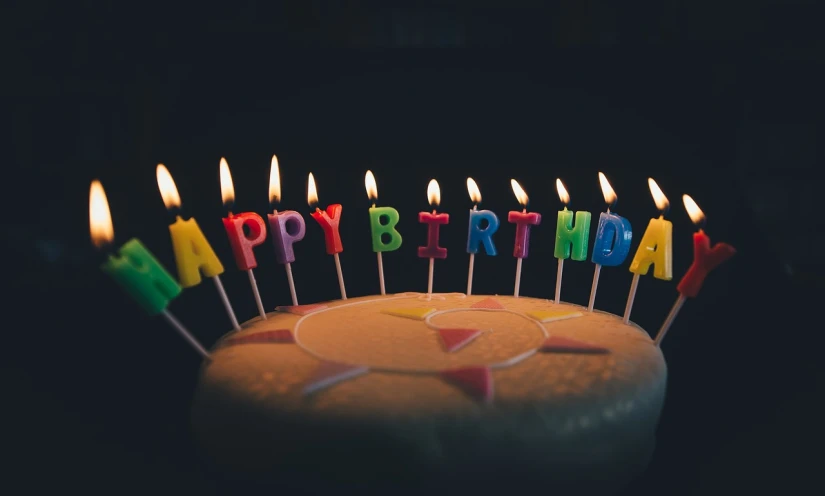 a birthday cake with candles that spell out the word happy birthday, a picture, by Sam Dillemans, pexels, 🐿🍸🍋, lit up in a dark room, stock photo, many years gone