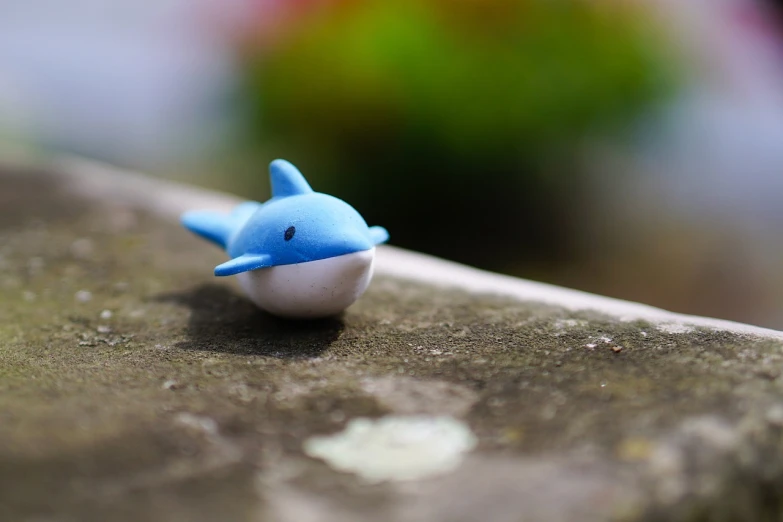 a toy dolphin sitting on top of a rock, a tilt shift photo, on the sidewalk, nendoroid, blog-photo, close - up photo