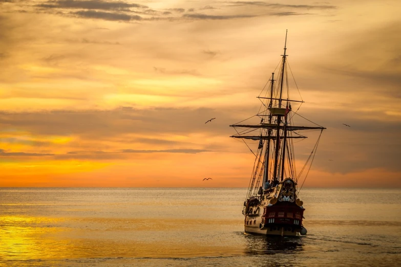 a tall ship floating on top of a body of water, a picture, by Karl Hagedorn, pexels contest winner, romanticism, tom holland as a pirate, gorgeous romantic sunset, 6 4 0, photo mid shot