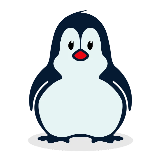 a black and white penguin with a red nose, an illustration of, mingei, on a flat color black background, blue penguin, innocent look, she has a jiggly fat round belly