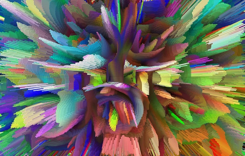 a multicolored picture of a tree with lots of leaves, an abstract sculpture, generative art, 8k insane detail, glitches, voxelart, flower explosion