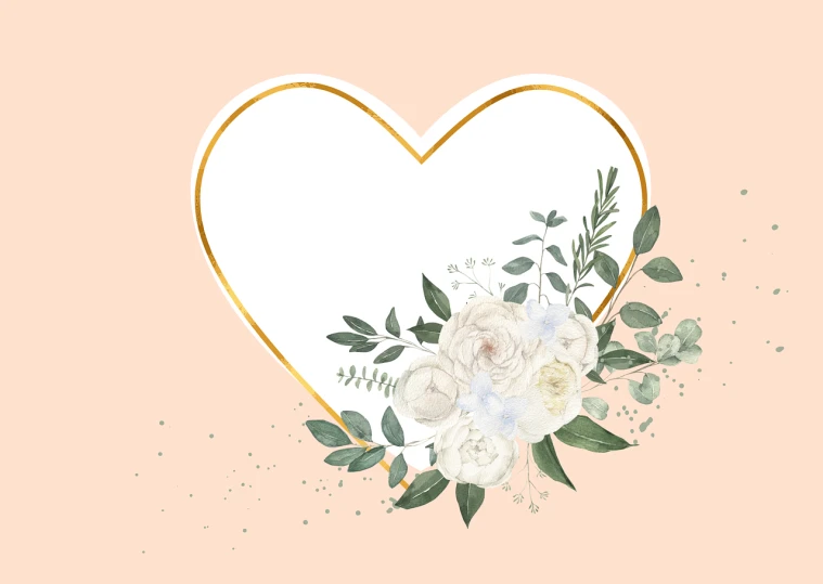 a floral frame in the shape of a heart, trending on pixabay, romanticism, ivory and copper, soft blush, square, gold