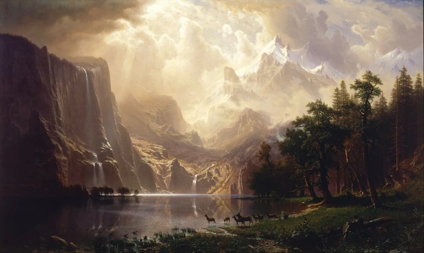 a painting of a mountain scene with a lake in the foreground, by Albert Bierstadt, tumblr, in an epic valley, harmony of, marc adamus, idyll