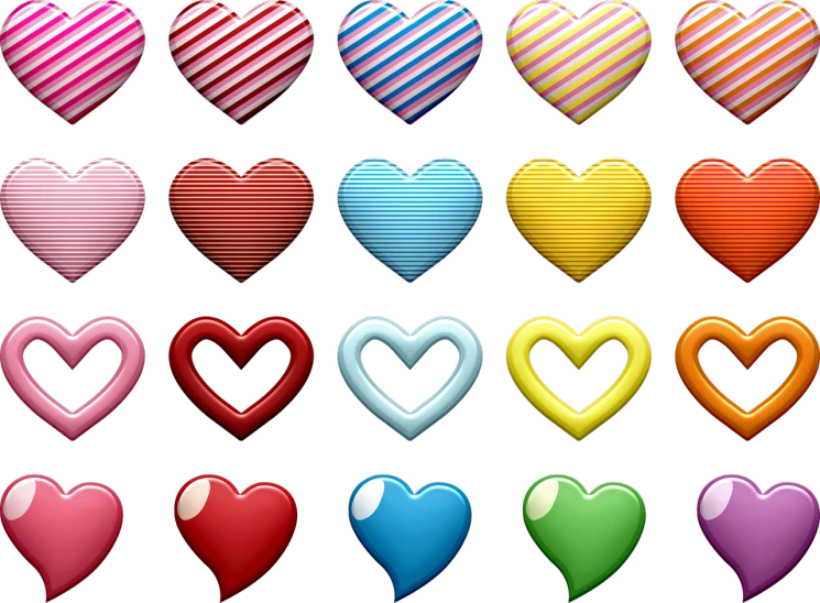 a bunch of different colored hearts on a black background, flickr, digital art, icon pack, striped, psd spritesheet, butter