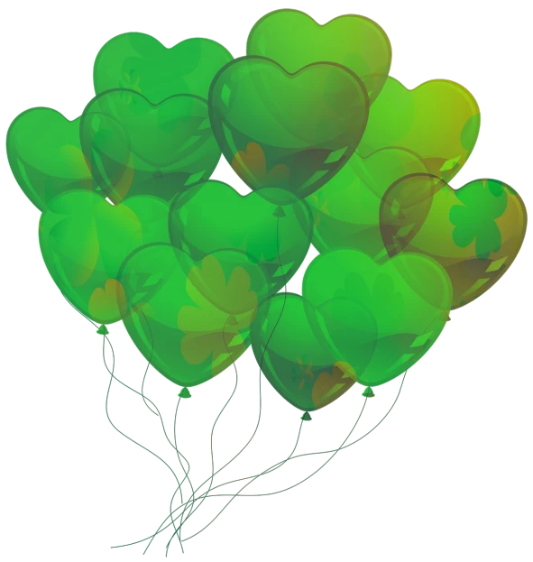 a bunch of balloons in the shape of hearts, a digital rendering, inspired by Luigi Kasimir, hurufiyya, green radioactive glow, celtic, free, leaves as dollars!! glow