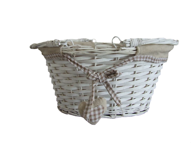 a close up of a basket on a black background, a photo, renaissance, white finish, heart, -h 1024, bow