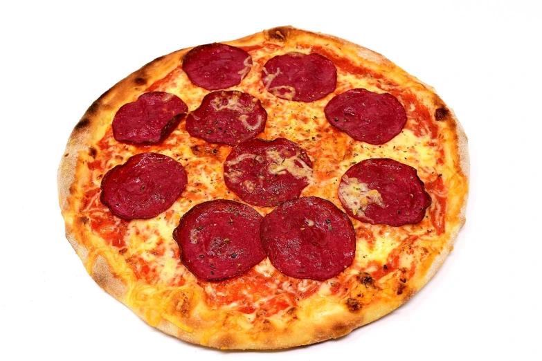 a pepperoni pizza sitting on top of a white table, a photo, high detail product photo