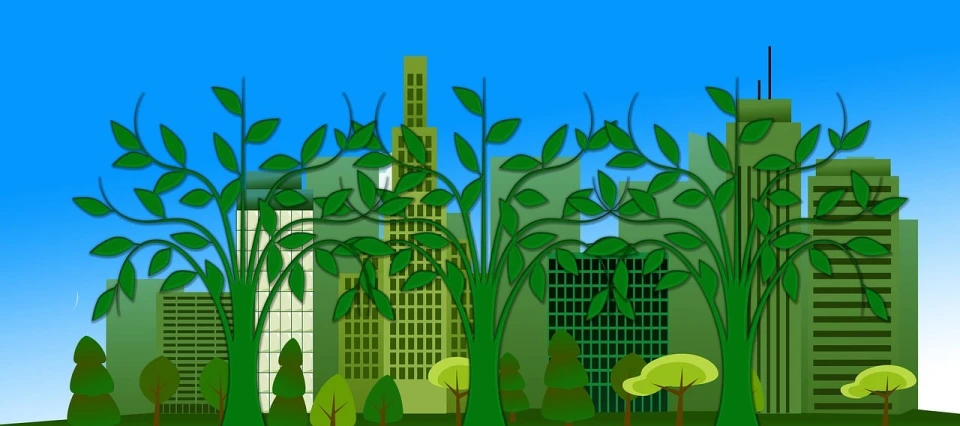 a city with tall buildings and trees in the foreground, an illustration of, trending on pixabay, environmental art, big leaves and stems, the tree is growing on a meadow, organic biomass, plastic