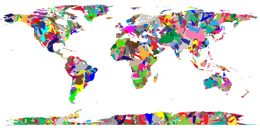 a colorful map of the world on a black background, a raytraced image, by Robert Jacobsen, flickr, panfuturism, digital art. colorful comic, [ shards, large patches of plain colours, 2013