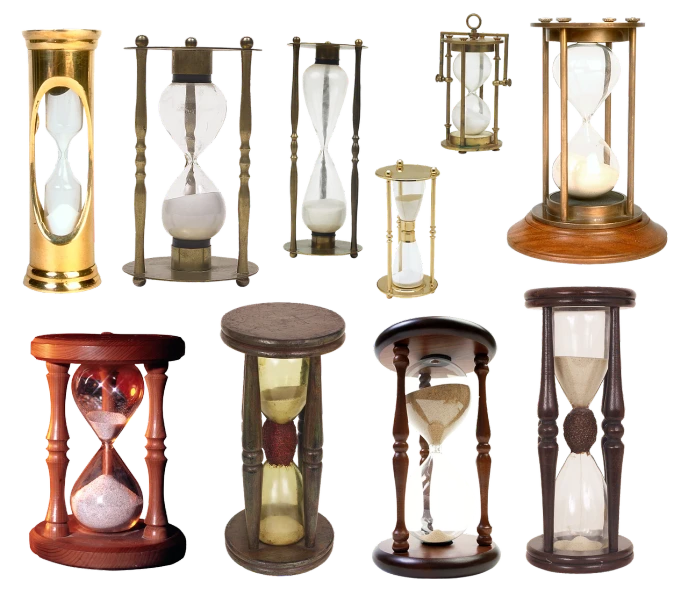 a group of hourglasss sitting next to each other, collection, the sands of time, antique style, countdown