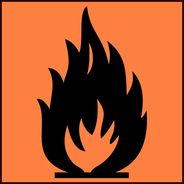a black and orange fire symbol on an orange background, a picture, orange safety labels, hildebrandt, flamboyant, fire warning label