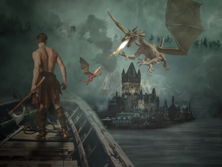 a man standing on top of a bridge next to a dragon, inspired by Arnold Böcklin, pixabay contest winner, fantasy art, flying ships in the background, medieval castle background, viking and templar aesthetics, very accurate photo