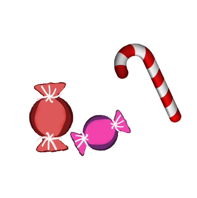 a candy cane and a candy bag on a black background, a digital rendering, tumblr, pop art, imvu, christmas, cute scene, gumdrops