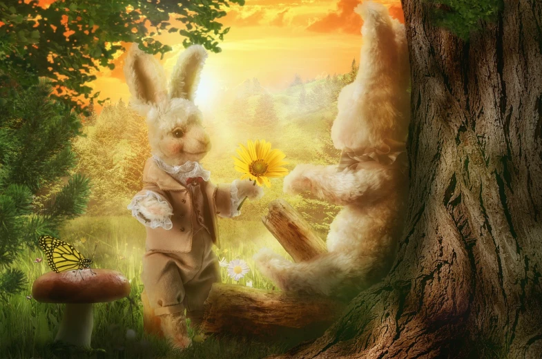 a couple of rabbits that are standing in the grass, a storybook illustration, by Elaine Hamilton, shutterstock contest winner, romanticism, tom chambers photography, toy commercial photo, sun behind him, high quality fantasy stock photo