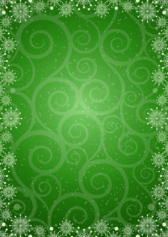 a green christmas background with snowflakes and swirls, inspired by Art Green, arabesque, rotated left right front back, made in adobe illustrator, decorative border, vertical wallpaper