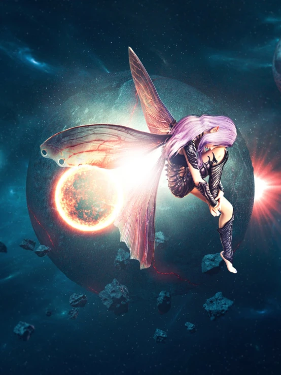 a woman with purple hair flying through the air, inspired by Mike "Beeple" Winkelmann, fantasy art, halfmoon in space, stunning 3d render of a fairy, solar punk product photo, the sorceress casting a fireball