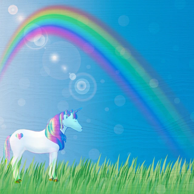 a unicorn standing in a field with a rainbow in the background, an illustration of, rasquache, random background scene, wooden, realistic refraction, full color illustration