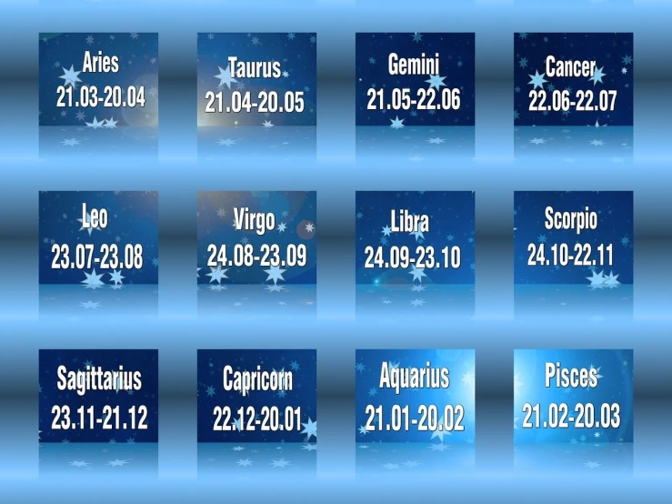 a number of zodiac signs on a blue background, a photo, by Hristofor Zhefarovich, screen capture, star charts, signboards, zee day