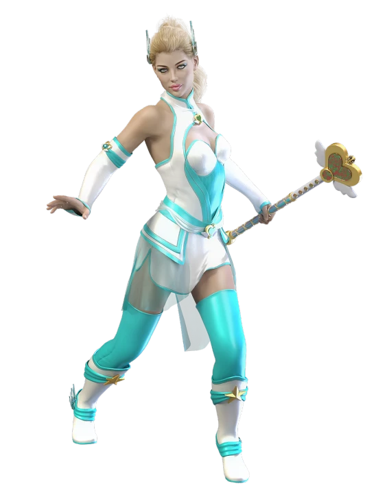 a woman in a blue and white outfit holding a sword, trending on cg society, 3 d character concept, a blonde emerald warrior, heroic muay thai stance pose, holding a magic staff