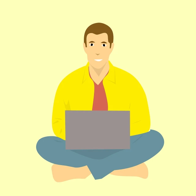 a man sitting on the floor with a laptop, an illustration of, computer art, flat icon, wearing yellow croptop, full body illustration, natural tpose