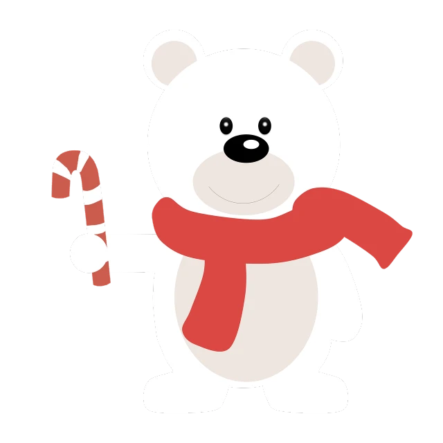 a cartoon polar bear holding a candy cane, a digital rendering, inspired by Jim Davis, sōsaku hanga, on a flat color black background, red brown and white color scheme, teddy bear, gif