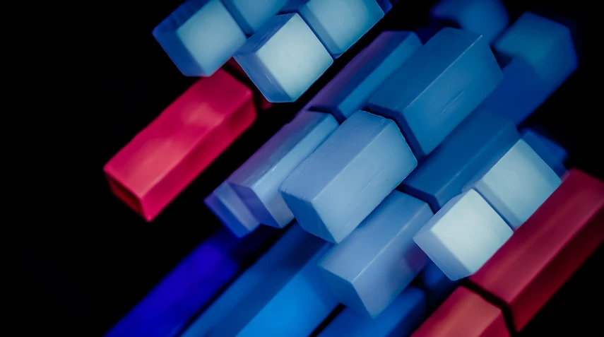 a close up of a red, white and blue keyboard, a macro photograph, by Thomas Häfner, crystal cubism, blue bioluminescent plastics, pastel colourful 3 d, xylophone, abstract blocks