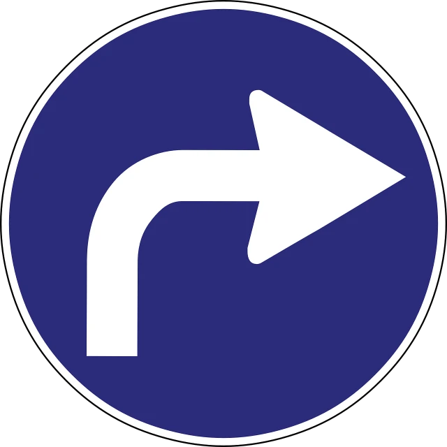 a blue sign with a white arrow pointing left, pixabay, hurufiyya, round form, driver, navy, bended forward