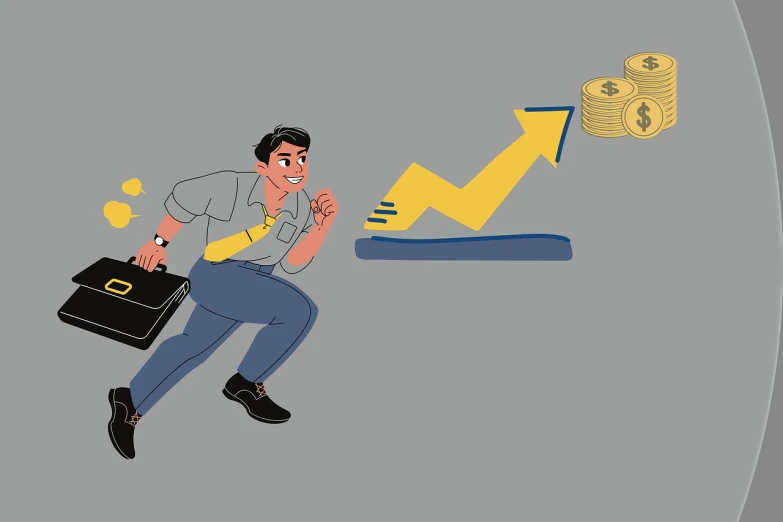 a cartoon of a man running with a briefcase, an illustration of, trending on pixabay, figuration libre, sitting on a pile of gold coins, trend on behance illustration, on a gray background, growth