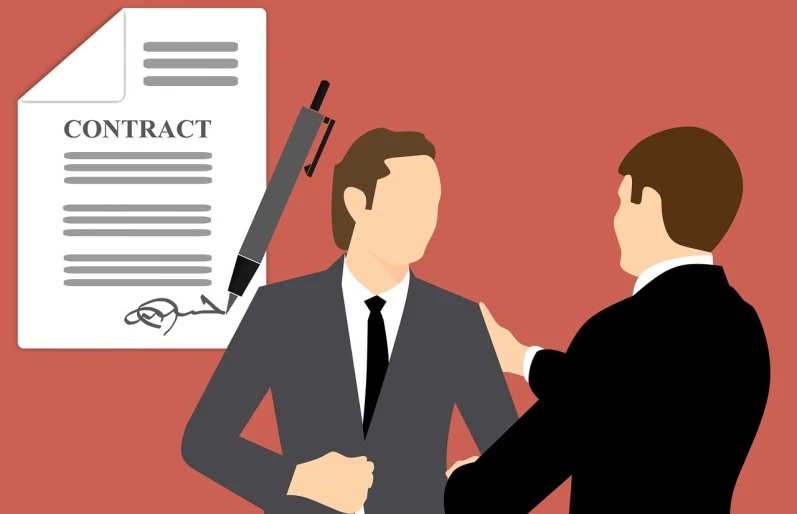 two men shaking hands in front of a contract, a cartoon, by Zoran Mušič, trending on pixabay, looking from shoulder, redundancy, foam, shaded