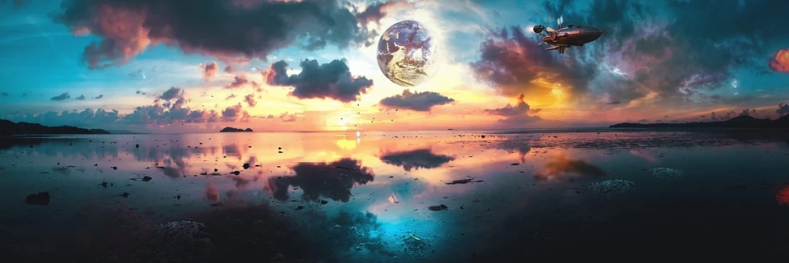 a plane flying over a body of water at sunset, a picture, inspired by Johfra Bosschart, pixabay, space art, psychedelic floral planets, refracted moon on the ocean, earth and pastel colors, reflection in water