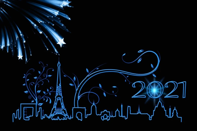 a fireworks display with the eiffel tower in the background, vector art, blue neon lights, 2 0 1 0 photo, town background, shooting star in background