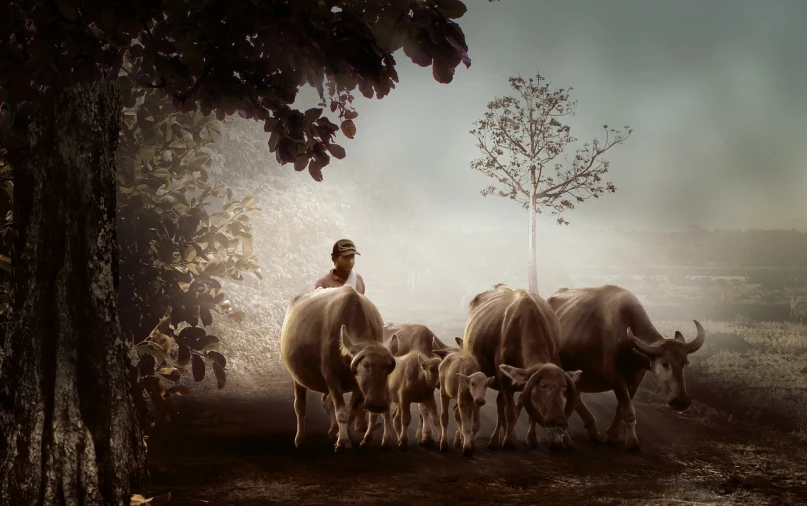 a man leading a herd of cattle down a dirt road, a picture, by Rudy Siswanto, sumatraism, photoshop art, innocence, portrait”, atmospheric ”