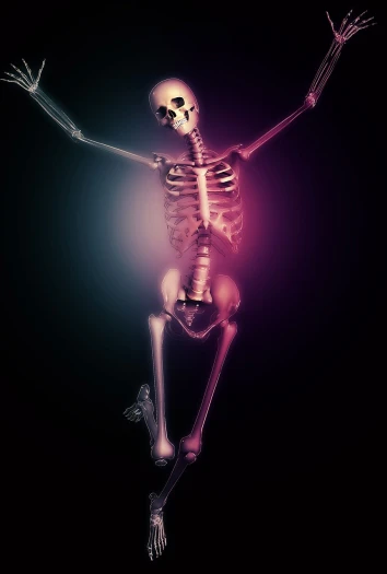 a skeleton that is jumping in the air, a 3D render, inspired by Stephen Bone, digital art, sitting down casually, colorized photon, dark ballerina, holiday season