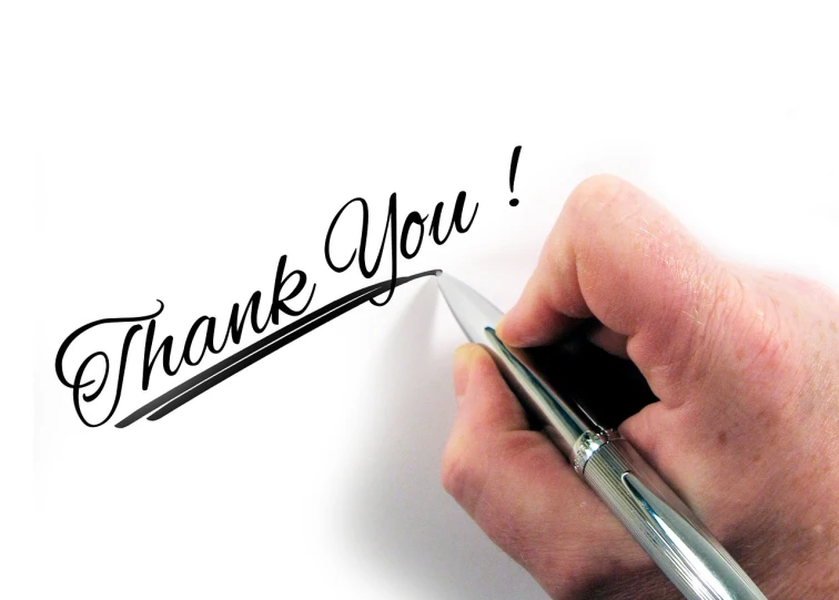 a hand writing thank you with a pen, a photo, pixabay, hurufiyya, well done picture high quality, solemn gesture, frank frazzeta, photo photo