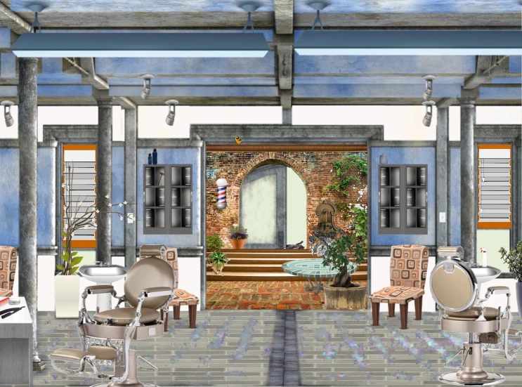 a room that has a bunch of chairs in it, a digital rendering, inspired by Riad Beyrouti, covered outdoor stage, steel archways, mixed media, entrance