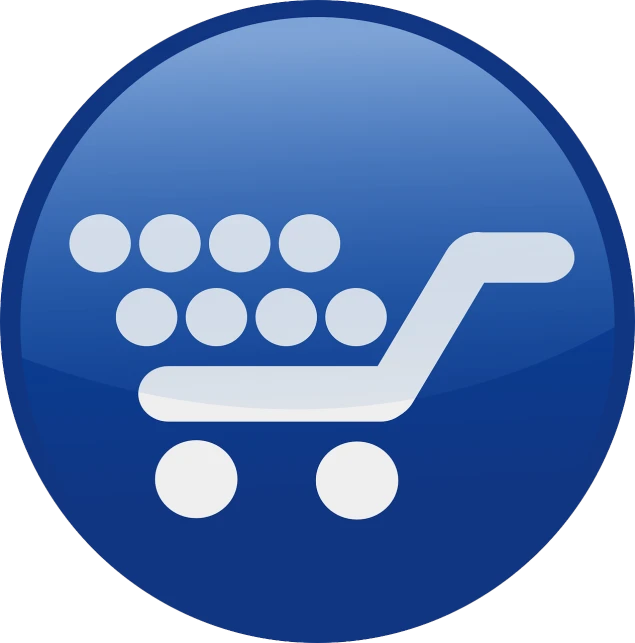 a blue button with a shopping cart filled with dots, by Harold Elliott, flickr, no gradients, circular logo, polished : :, compressed jpeg