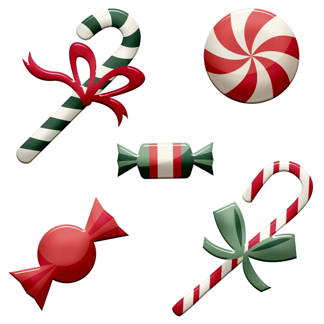 a collection of candy canes on a black background, a digital rendering, game icon asset, cel - shaded, various items, jade