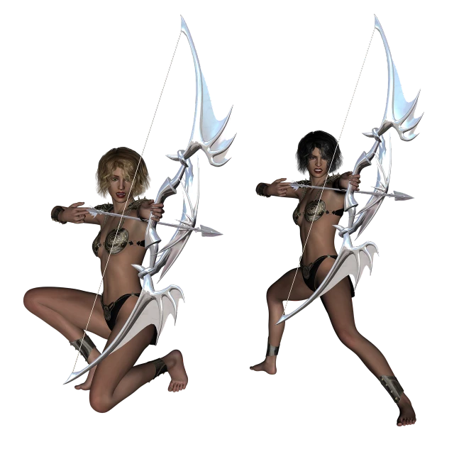 a woman that is kneeling down with a bow, a 3D render, beautiful gemini twins, hybrid from dynasty warriror, leg and hip shot, white metallic armour