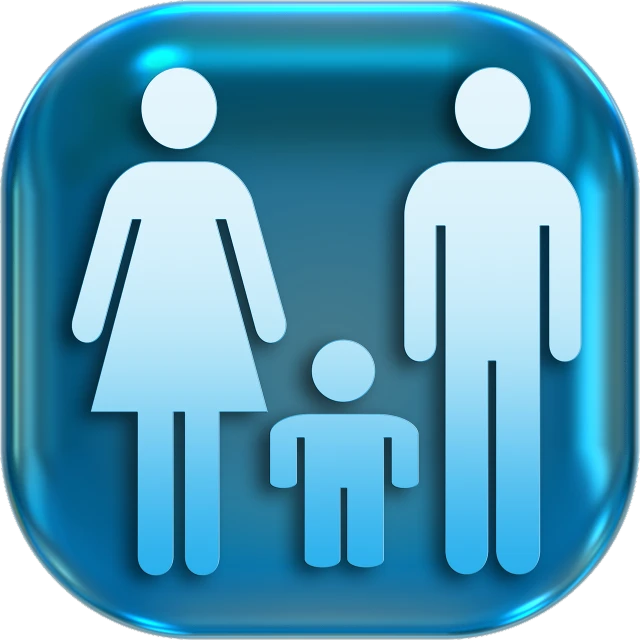 a blue button with a picture of a family, a digital rendering, by Robert Childress, pixabay, digital art, glass, full body image, husband wife and son, threes