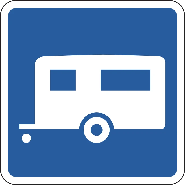 a blue sign with a white trailer on it, by Oskar Lüthy, pixabay, campsites, no gradients, gateway, munich