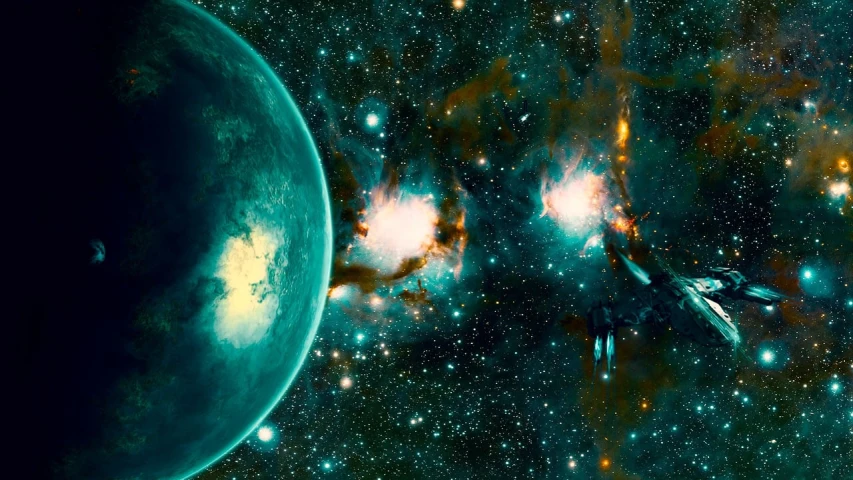 a close up of a star field with a blue planet in the background, concept art, space art, exploding nebula, spaceships in the cloudy sky, photo from space, teal sky