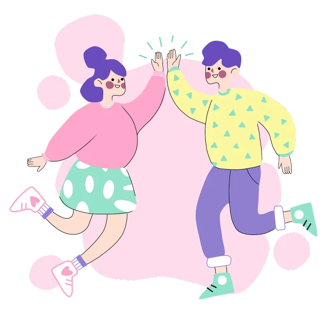 a couple of people standing next to each other, an illustration of, funk art, kawaii playful pose of a dancer, on a flat color black background, jumping for joy, exciting illustration