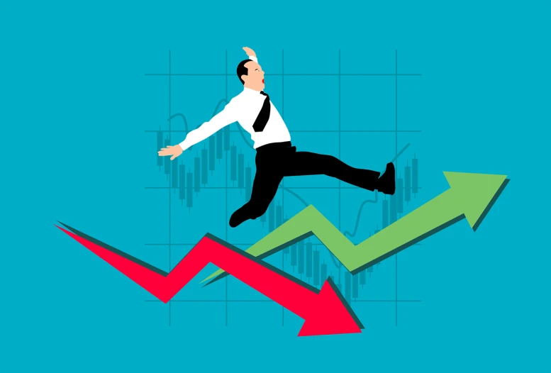 a man in a tie is jumping over a chart, an illustration of, bad graphics, stock, marvano, loss