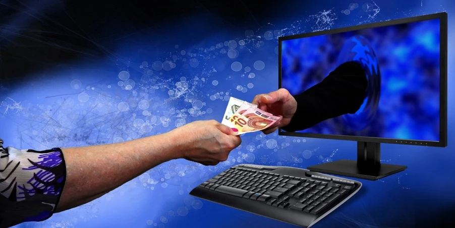 a person holding money in front of a computer monitor, a computer rendering, computer art, cool marketing photo, blu-ray transfer, giving gifts to people, corruption