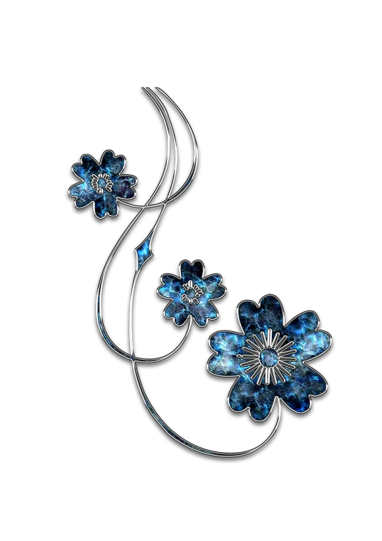 a close up of a flower on a black background, a digital rendering, blue jewellery, a beautiful artwork illustration, silver ornaments, very cute