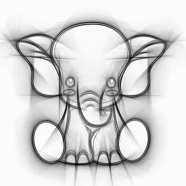 a black and white drawing of an elephant, an ambient occlusion render, by Mirko Rački, generative art, with symmetrical head and eyes, cute digital art, in the shape of a rat, outline glow