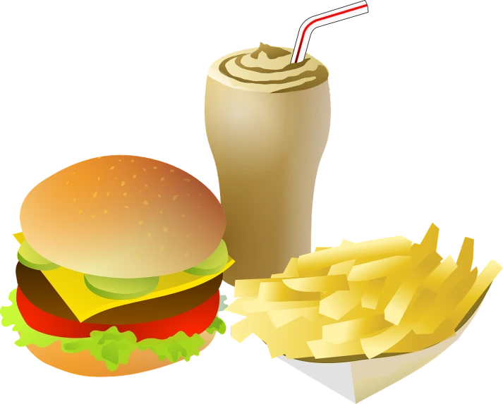 a hamburger and fries next to a drink, a digital rendering, pixabay, renaissance, !!! very coherent!!! vector art, rice, movies, lunch time on jupiter